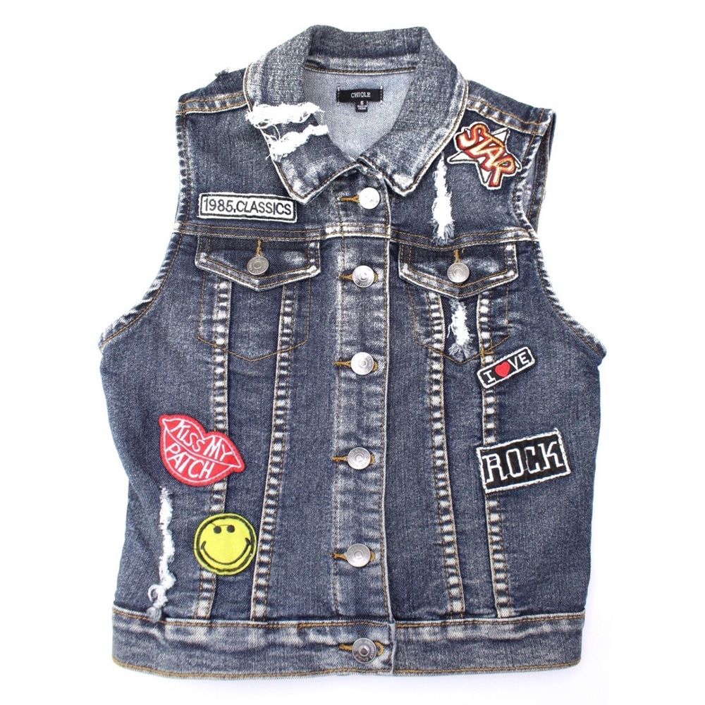 Chiqle Distressed Denim Patchwork Jean Vest S